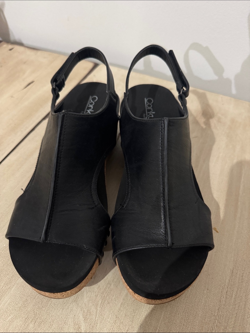 Corkys Black Leather-Look Open Toe Slingback Wedges